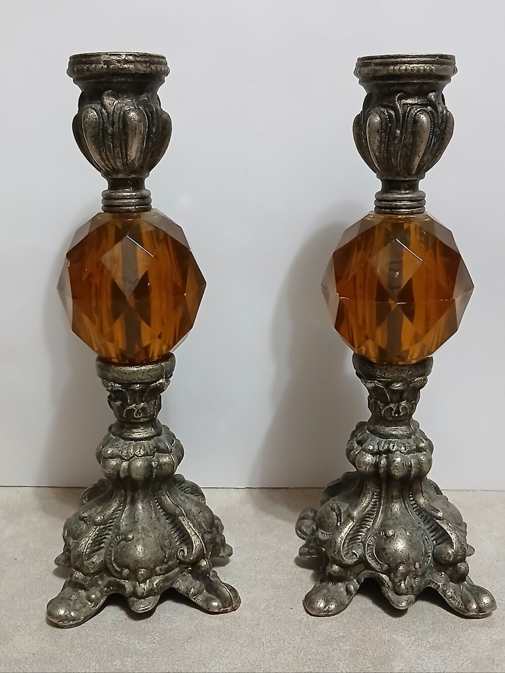 Vintage Hollywood Regency Amber Lucite Ornate Gold Metal 8" Candlestick Holders